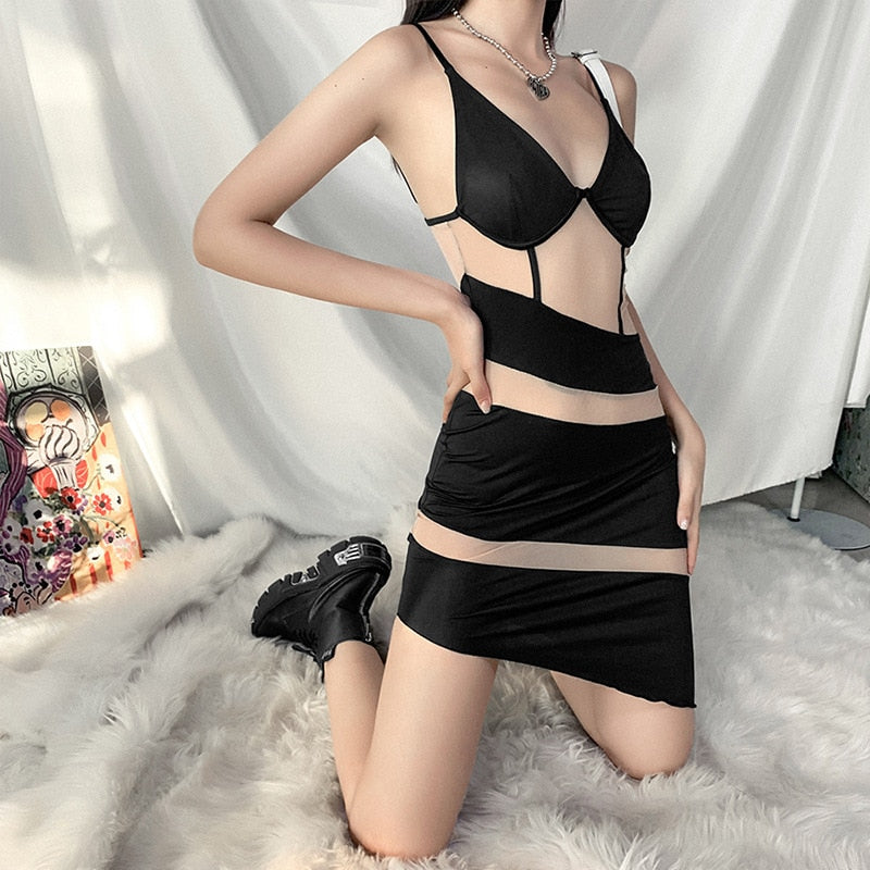 Prom Dresses  Y2K 2022 Summer Fashion V-Neck Black Transparent Lace Skinny Sling Mini Women's Dresses Sexy  Base Party Outfits Clothes