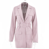 Cinessd  Spring New Blazer Dressturn-Down Collar Belt Coat Casual Women Pink Long Sleeve Pocket Jacket Single Suit 2022 Female Clothes