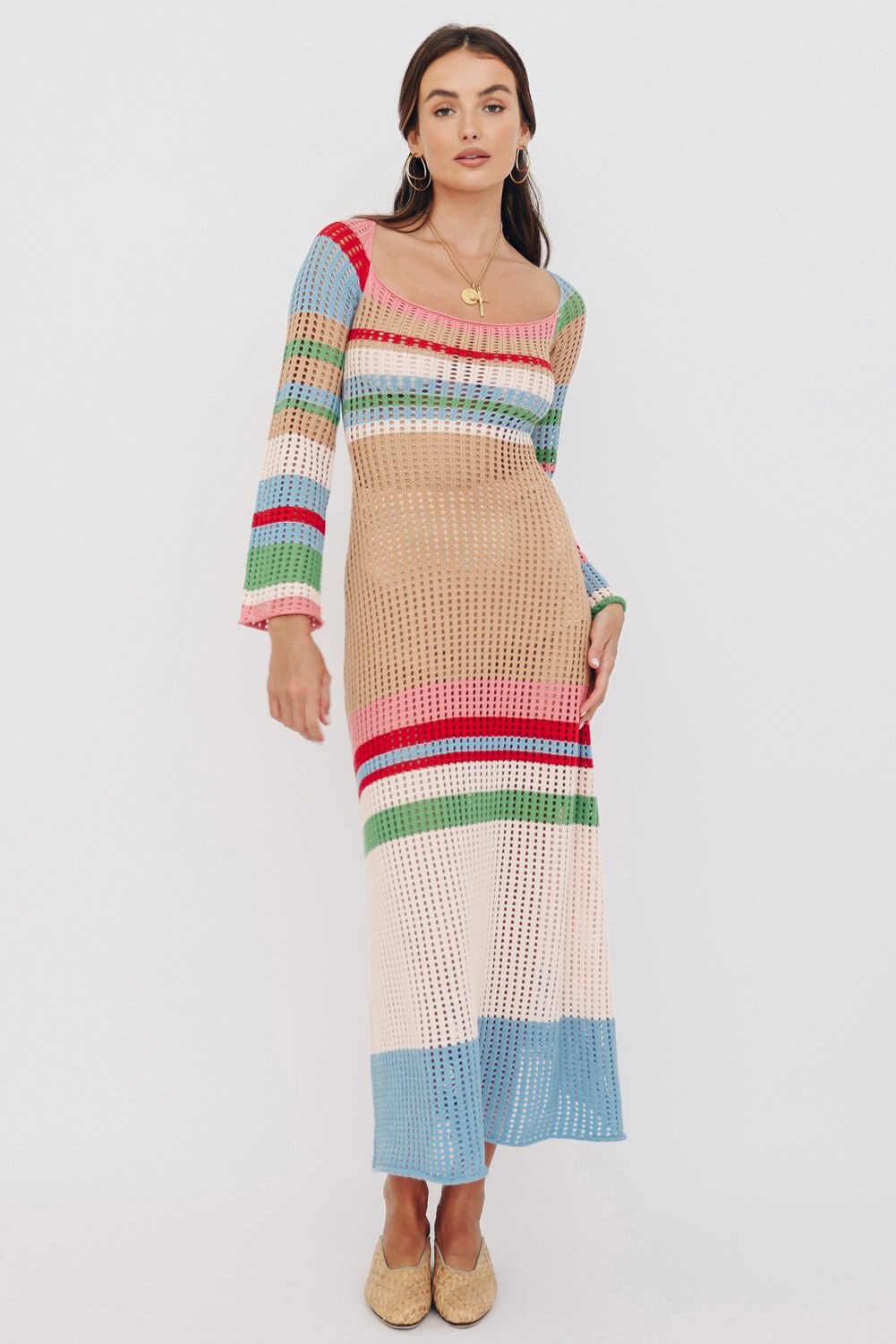 Cinessd  Women Casual Knitting Long Dress Long Sleeve See-Through Mesh Loose Striped Slimming Fall Summer Midi Hollow Dress