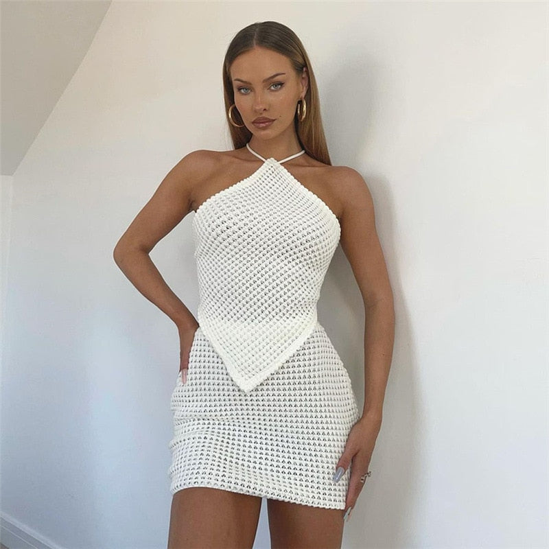 Cinessd  Knitted Halter Crop Top And Skirt 2 Piece Sets Women Skinny Hollow Out Sexy Backless Fashion Outfits Matching Sets Mini Skirts