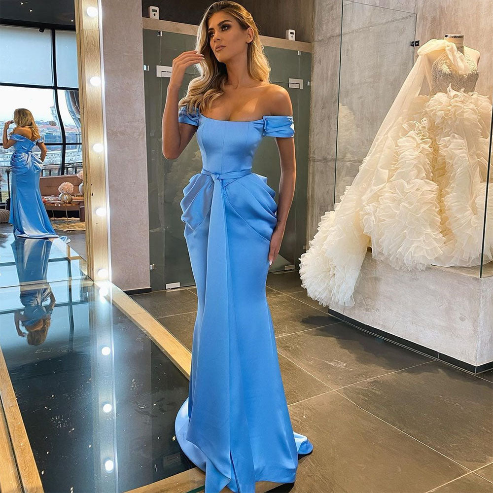 Cinessd Back To School Xijun  Arabic Royal Blue Satin Mermaid Prom Dresses Off The Shoulder Pleat Evening Gown Ruched Formal Party Dress