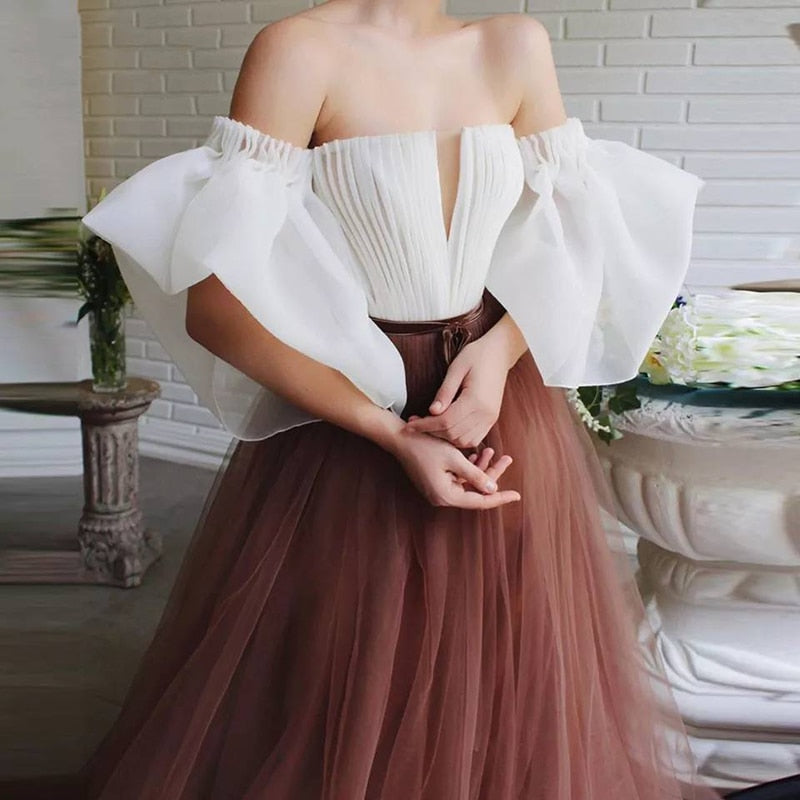Cinessd  Off The Shoulder Prom Dresses Puff Sleeve Vestido De Festa Soft Tulle Formal Evening Party Gowns