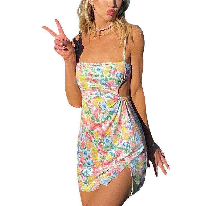 Cinessd  Women Sleeveless Floral Printed Close-Fitting Slit Dress Sexy Boat Neck Spaghetti Strap Dress Summer Bodycon