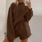 Cinessd Back to school outfit Women Solid Tracksuits Casual Long Sleeve Pullover Sweatshirt And Drawstring Shorts Suits Fashion Loose Female Two Piece Sets