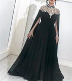 Cinessd  Black Muslim Evening Dresses High Neck Caped Crystals Chiffon Dubai Kftan Saudi Arabic Formal Evening Gown Long Prom Dress