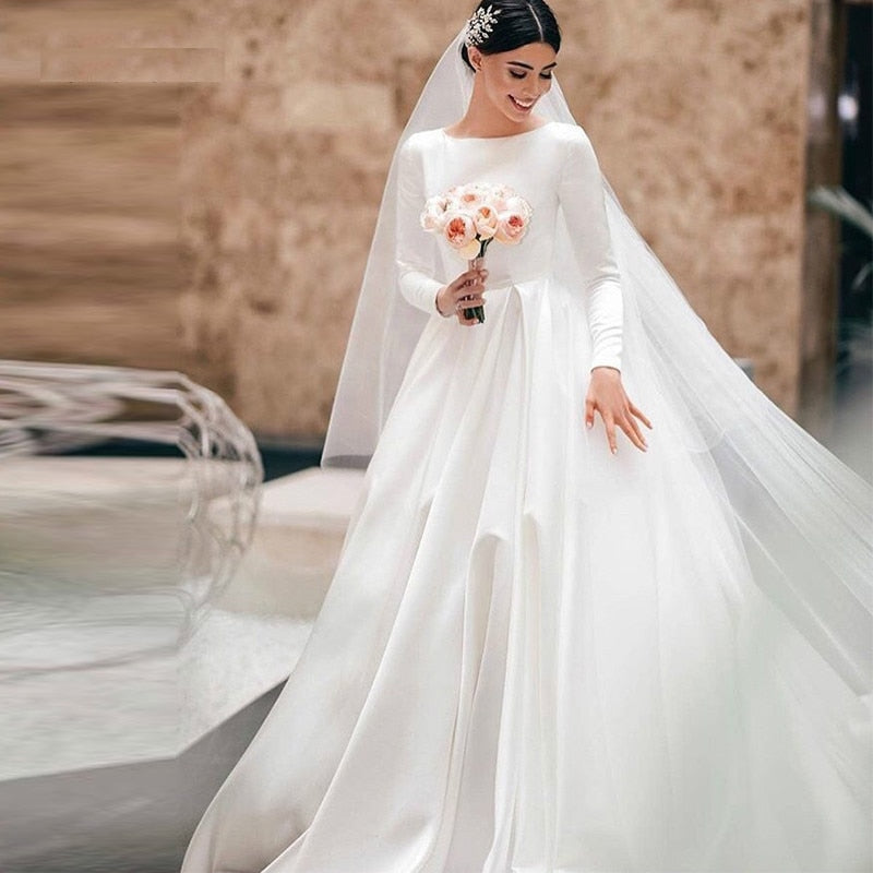 Cinessd Back to school Simple Vintage White Ivory Wedding Dress For Women Long Sleeves Satin Bridal Vestido De Novia Robe Mariage Online Shop Undefined