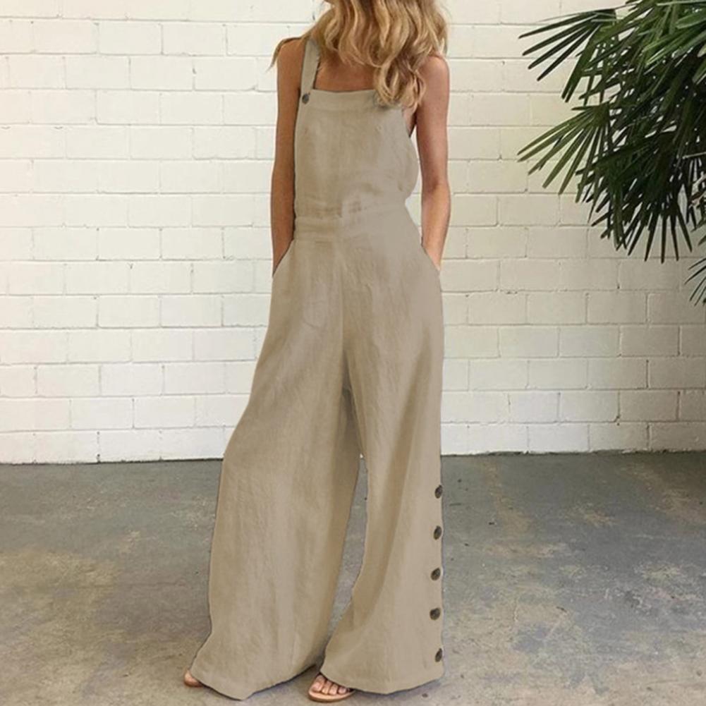 Cinessd  Women Jumpsuit Summer Sleeveless Solid Color Wide Leg Pockets Loose Strappy Playsuit Overall Wide Leg Pockets Mono Mujer Verano