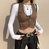 Cinessd  Punk Retro Black Corset Top Y2k Grunge Sleeveless Skinny Button V Neck Tank Top Fairycore Vintage Women Corsetier Mini Vest