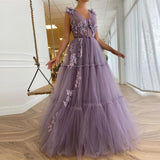 Cinessd Back to school outfit Elegant Tiered Tulle  Prom Dresses  Long Luxury Purple A-Line 3D Flowers Floor Length Evening Gowns For Women Plus Size