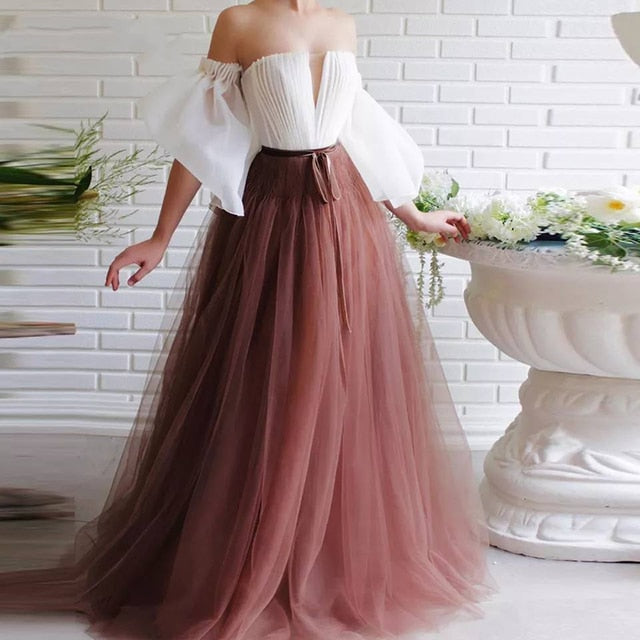 Cinessd  Off The Shoulder Prom Dresses Puff Sleeve Vestido De Festa Soft Tulle Formal Evening Party Gowns