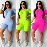 Cinessd  Fitness Tracksuit Women Sport Set Gym Neon T-shirt Tops Shorts Workout Clothes Summer Outfit Female Ladies Casual 2 Piece Set