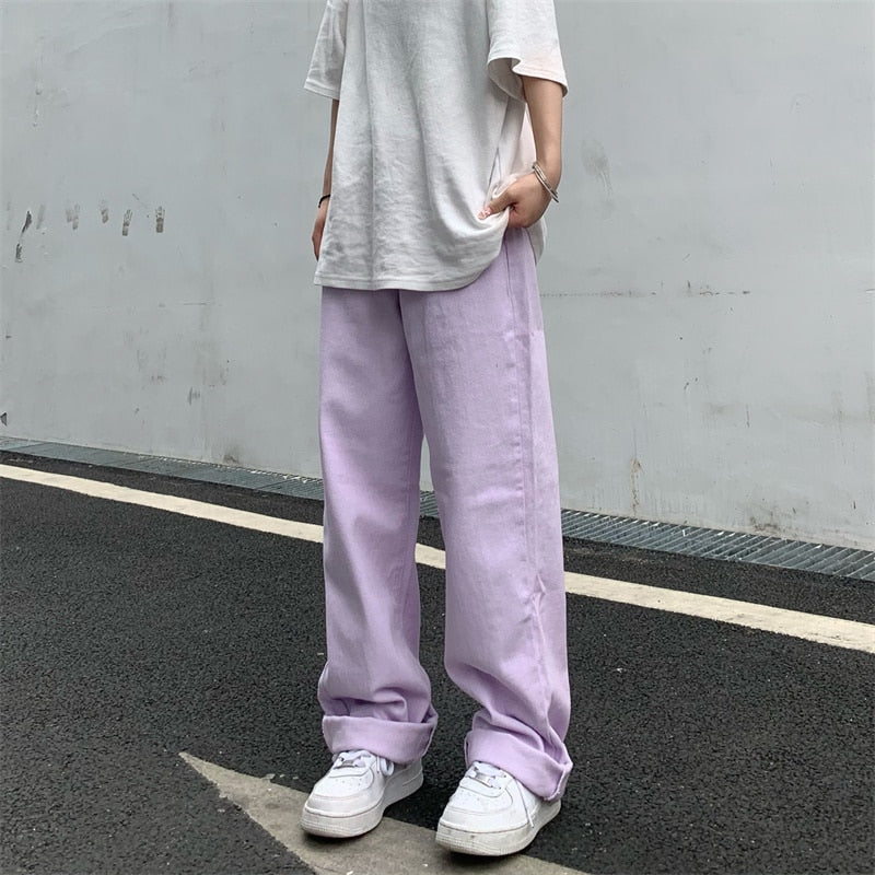 Cinessd Back To School Women's Jeans Vintage Straight Baggy High Waist Korean Fashion Streetwear Casual Pants Femme Wide Leg Purple Mom Denim Trouser