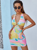 Cinessd  Women Halter Mini Dress Sexy Hollow Out Women Summer Sleeveless  Tie Dye Printed V-Neck Ring Sundress Beachwear