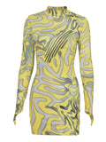 Cinessd  Striped Print Mesh Mini Dress Womensexy Seethrough Color Match Skirt Long Sleeve Turtleneck Female Party Clubwear