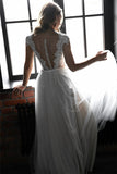 Cinessd  Boho A-Line Long Wedding Dresses Robe De Mariée Scoop Neck Cap Sleeves Beaded Lace Tulle Bridal Gowns Beach Bride Dress