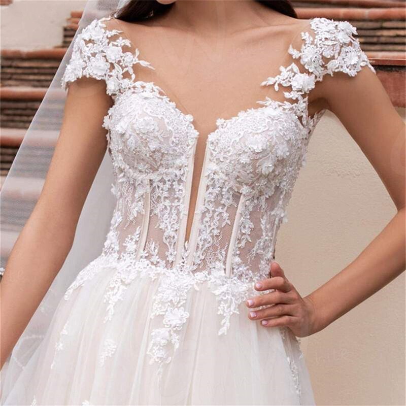 Cinessd Back to school outfit Sexy Backless Wedding Dresses Lace White Wedding Gowns For Women Princess Tulle  Cap Sleeves Bridal Dresses V Neckline Appliqued