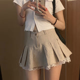 Cinessd  Korean Fashion Khaki Short Skirt Lace Trim Cute Pleated Skirts Womens Preppy Style Button Up High Waist Summer Skirt