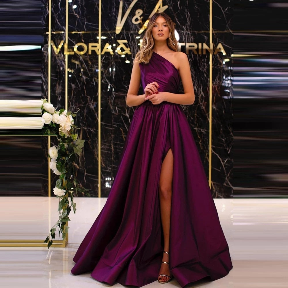 Prom Dresses  Cinessd Sunny Simple Evening Dresses 2022 Purple Pleat Satin A-Line One-Shoulder Sleeveless Floor-Length Party Night Prom Dresses