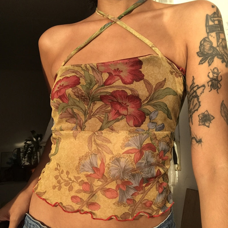Cinessd  Ladies Summer Sexy Midriff-Baring Camisole Women Floral Printing Stringy Selvedge Hem Hanging Neck Sleeveless Mesh Tops