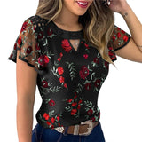 Cinessd  4 Styles Sexy Women Ladies Ruffle Sleeve Tops Pullover Dot Polk Embroidery Floral Print Blouse OL Casual Chiffon Jumper Tee