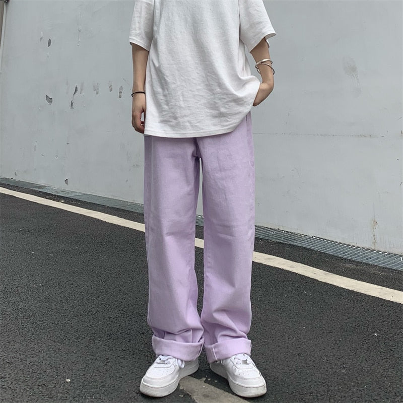 Cinessd Back To School Women's Jeans Vintage Straight Baggy High Waist Korean Fashion Streetwear Casual Pants Femme Wide Leg Purple Mom Denim Trouser