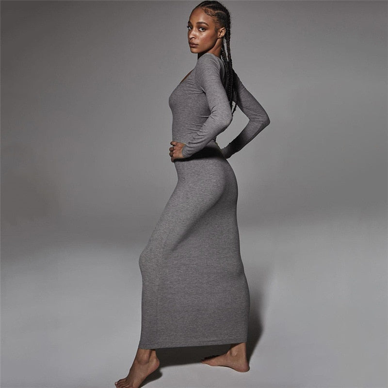 Cinessd Elegant Solid Casual Basic Solid Color Bodycon Slim Maxi Dress For Women Sexy Women Dress Long Sleeve 2022 Autumn Winter