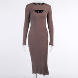 Cinessd Elegant Solid Knitted Two Piece Set Midi Dress Women Autumn Sexy Hollow Out Long Sleeve Tops And Slim Pencil Dresses 2022
