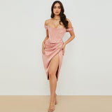 Cinessd  High Quality Satin Bodycon Dress Women 2022 Pink Off Shoulder Dress Sexy Party Bodycon Dress Celebrity Evening Club Dress Lined