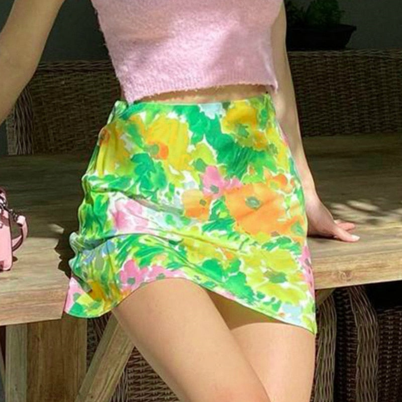 Cinessd  Ladies Casual Bohemian Bodycon Bottoms Summer High Waist Painted Pattern Slim A-Line Short Mini Skirts Women For Party Beach