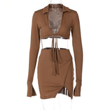 Cinessd Brown Sexy Two Piece Set Mini Dress Women Autumn V-Neck Lace Up Flare Sleeve Top And Split Skirt Party Streetwear Outfit