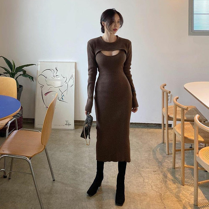 Cinessd Elegant Solid Knitted Two Piece Set Midi Dress Women Autumn Sexy Hollow Out Long Sleeve Tops And Slim Pencil Dresses 2022
