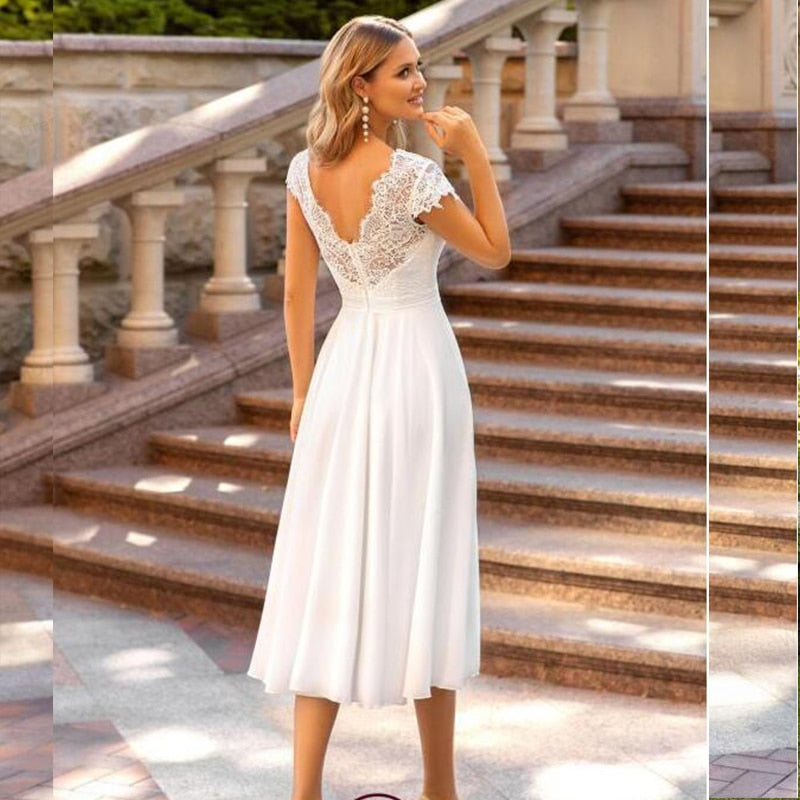 Cinessd Back to school outfit Beach V-Neck Wedding Dress V-Neck Short Sleeve Peals A-Line Ankle Length Custom Made Bridal Gown Robe De Mariee For Women