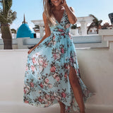 Cinessd Back To School Womens Summer Boho Maxi Long Dress Beach Dresses Sexy V Neck Off Shoulder Floral Dress Backless High Waist Sundress Vestidos