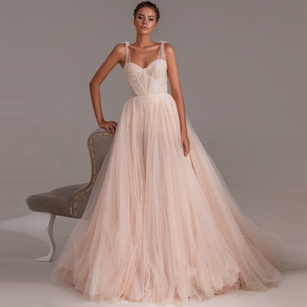 Cinessd  Shinny Tulle Embroidery Lace Long Prom Dresses Sweetheart A-Line Evening Dress Spaghetti Straps Formal Party Gown