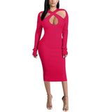 Cinessd Back to school outfit Ribbed Knitted Solid Halter Dress  Women Classic Hollow Out Cleavage Long Sleeve Criss Cross Neck Sexy Sheath Body-Shaping Dress