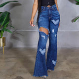 Cinessd  Women Flare Jeans Ripped Heart Pattern Solid Color Slim Trousers Ladies All Match Long Denim Pants Streetwear Summer Autumn
