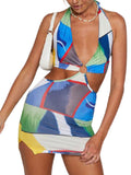 Cinessd  Women Halter Mini Dress Sexy Hollow Out Women Summer Sleeveless  Tie Dye Printed V-Neck Ring Sundress Beachwear