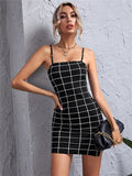 Cinessd  2022 Sexy Women Dress Sleeveless Slash Neck Plaid Print Party Clubwear Strap Bodycon Side Split Short Pencil Dress