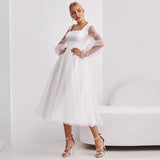 Cinessd Back to school Charming Tea Length Wedding Dress 2022 Square Neck Tulle Transparent Long Sleeve Lace Up Back Bridal Gowns