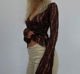 Cinessd  See Though Sexy Lace Shirts Women V Neck Transparent Elegant Party Slim Black Brown Long Sleeve Blouse Women Tops