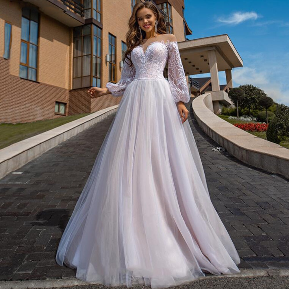 Cinessd Back to school outfit Long Puff Sleeve Wedding Dresses For Women Lace A Line Tulle Bride Dress With Champagne Robe De Mariee Lining Lace Up Back Gown