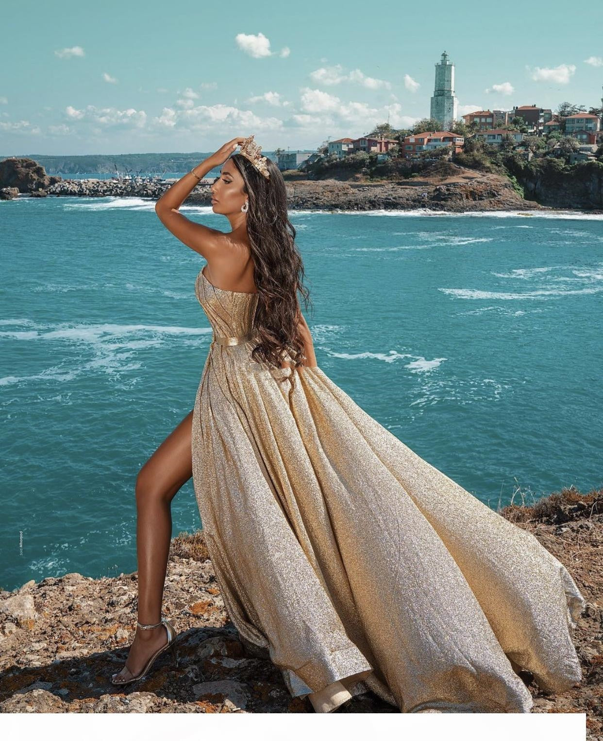 Cinessd  Elegant Gold Evening Dresses 2022 New Dubai Formal Gowns Sexy Sweet-Heart Neck High Split Sparkling Party Prom Dress Arabic