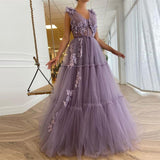 Cinessd  Purple Evening Dresses V-Neck Strapless Appliques Floral Tulle Mono Draped A-LINE Fiesta Robe De Soiree