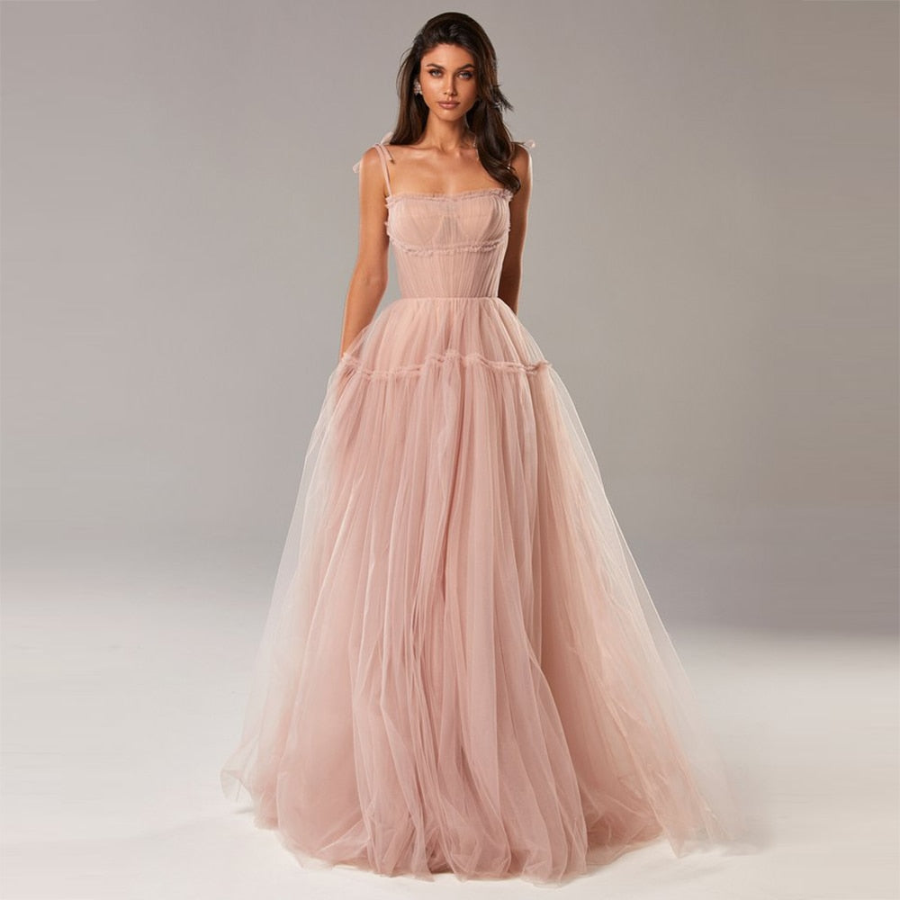 Cinessd  Blush Pink/Blue Long Prom Dresses 2022 Spaghetti Straps Tiered Skirt A-Line Party Dresses Pleated Tulle Formal Gowns