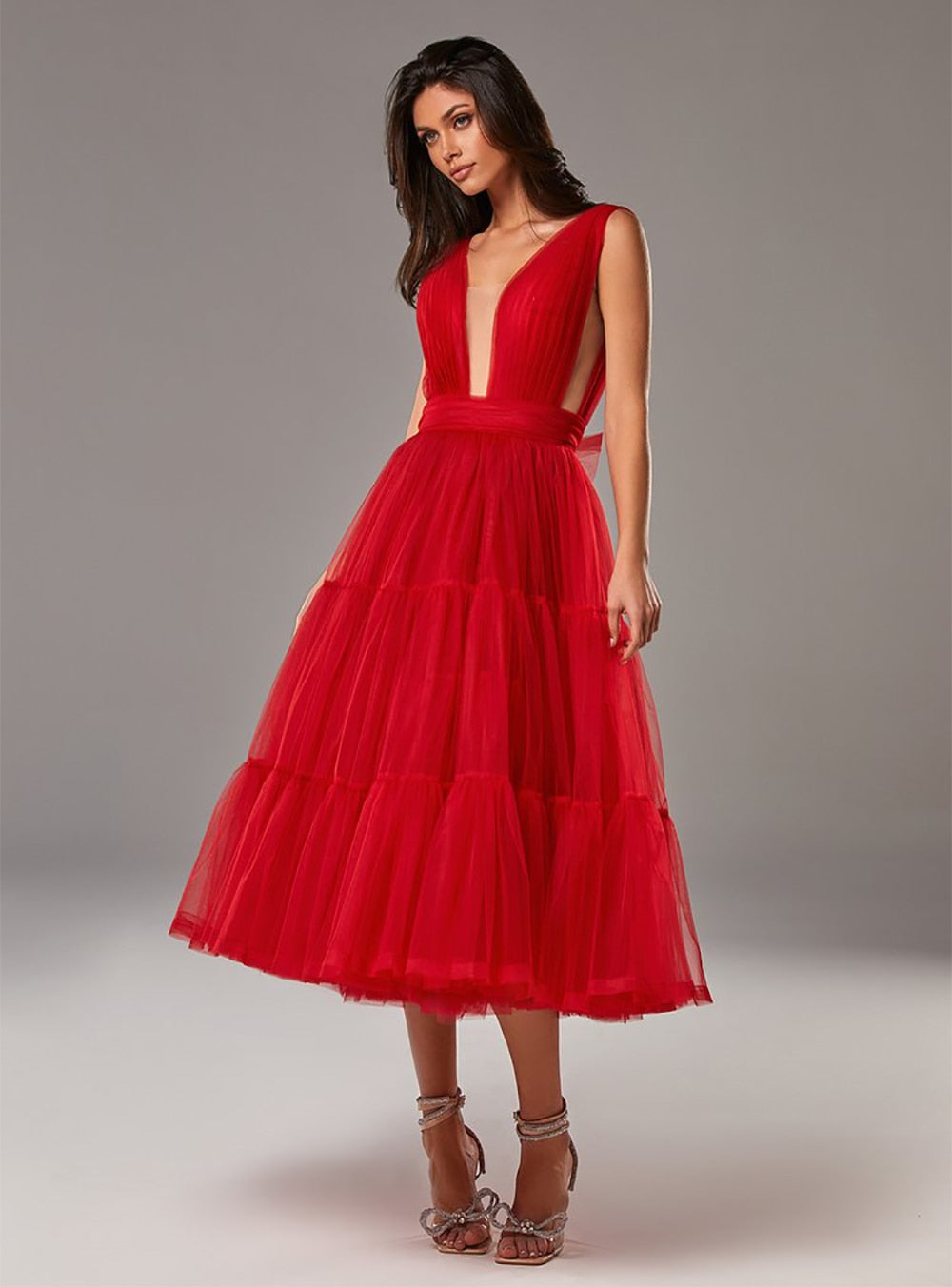 Cinessd  Sexy Deep V-Neck Prom Dresses Sleeveless Tiered Skirt A-Line Evening Gown Pleated Tea-Length Tulle Party Gowns
