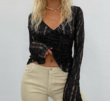Cinessd  See Though Sexy Lace Shirts Women V Neck Transparent Elegant Party Slim Black Brown Long Sleeve Blouse Women Tops