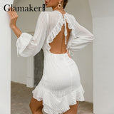 Cinessd Back to school outfit Sexy Backless White Mini Dress Summer Autumn Ruffle A-Line Dress Holiday Beach Lace Up Women Elegant Fashion Shortdress