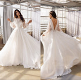 Cinessd  Boihemian Wedding Dresses Long Sleeve Pure White Chiffon Simple A-Line Robe De Mariée Bride Dress Open Back Vestido De Noiva New