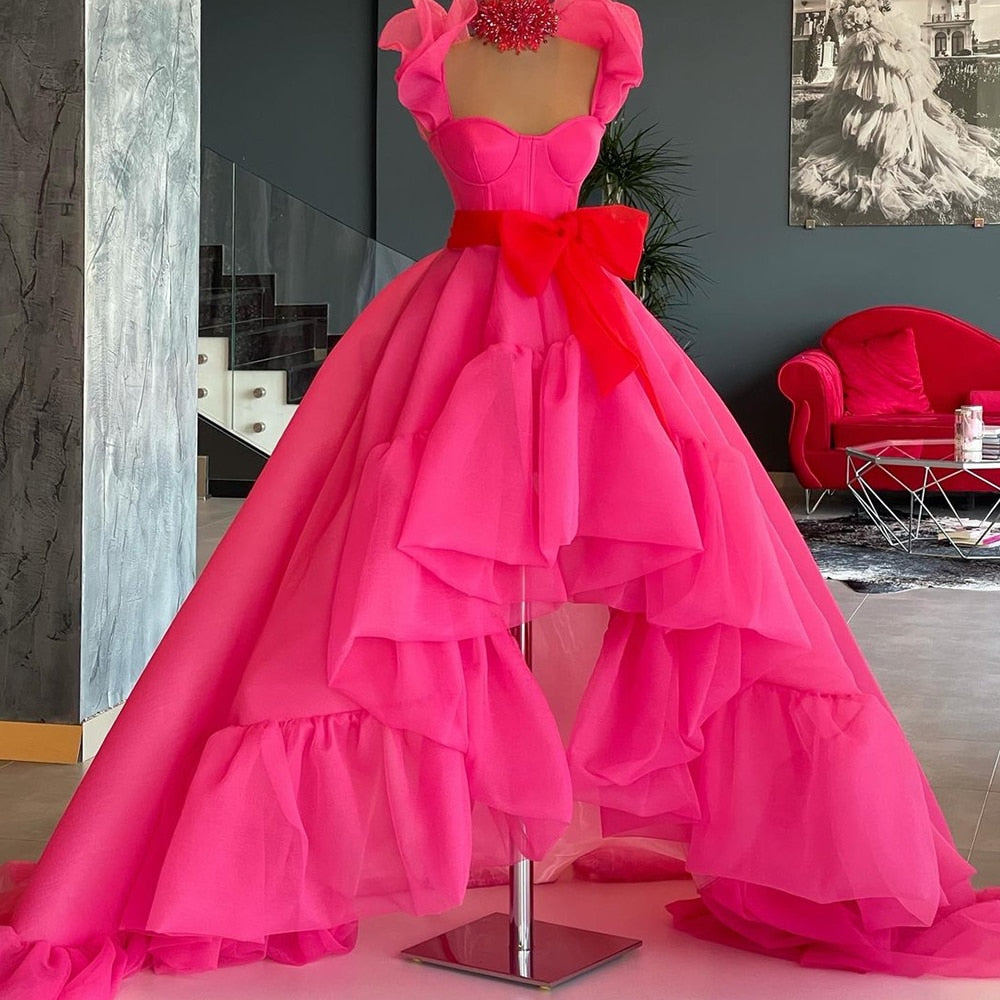 Cinessd Back to school outfit Sweetheart Rose Red Evening Dresses Long 2023 Elegant Organza Hi-Lo A-Line Prom Gowns Red Bow Party Dress Vestido De Fiesta