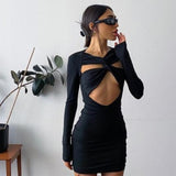 Cinessd Fashion Autumn Sexy Hollow Elegant Dresses Solid Color Mini Dress Design For Women Party Night Clubwear 2022 New Streerwear